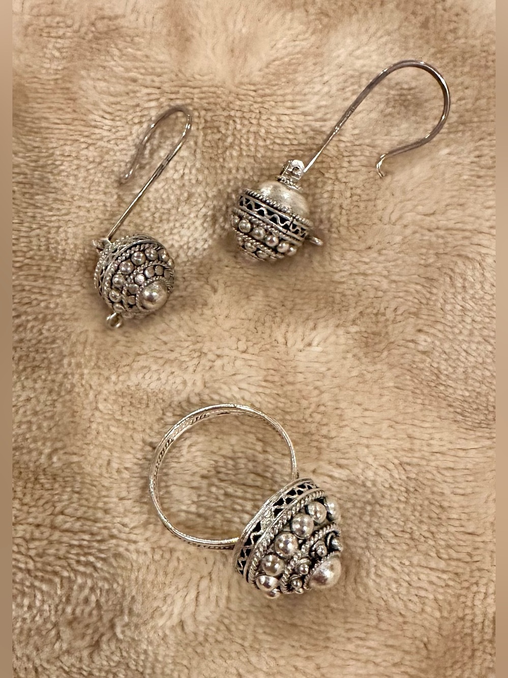 Sterling-Style Silver Bead Dome Ring and Earrings Set - Silver